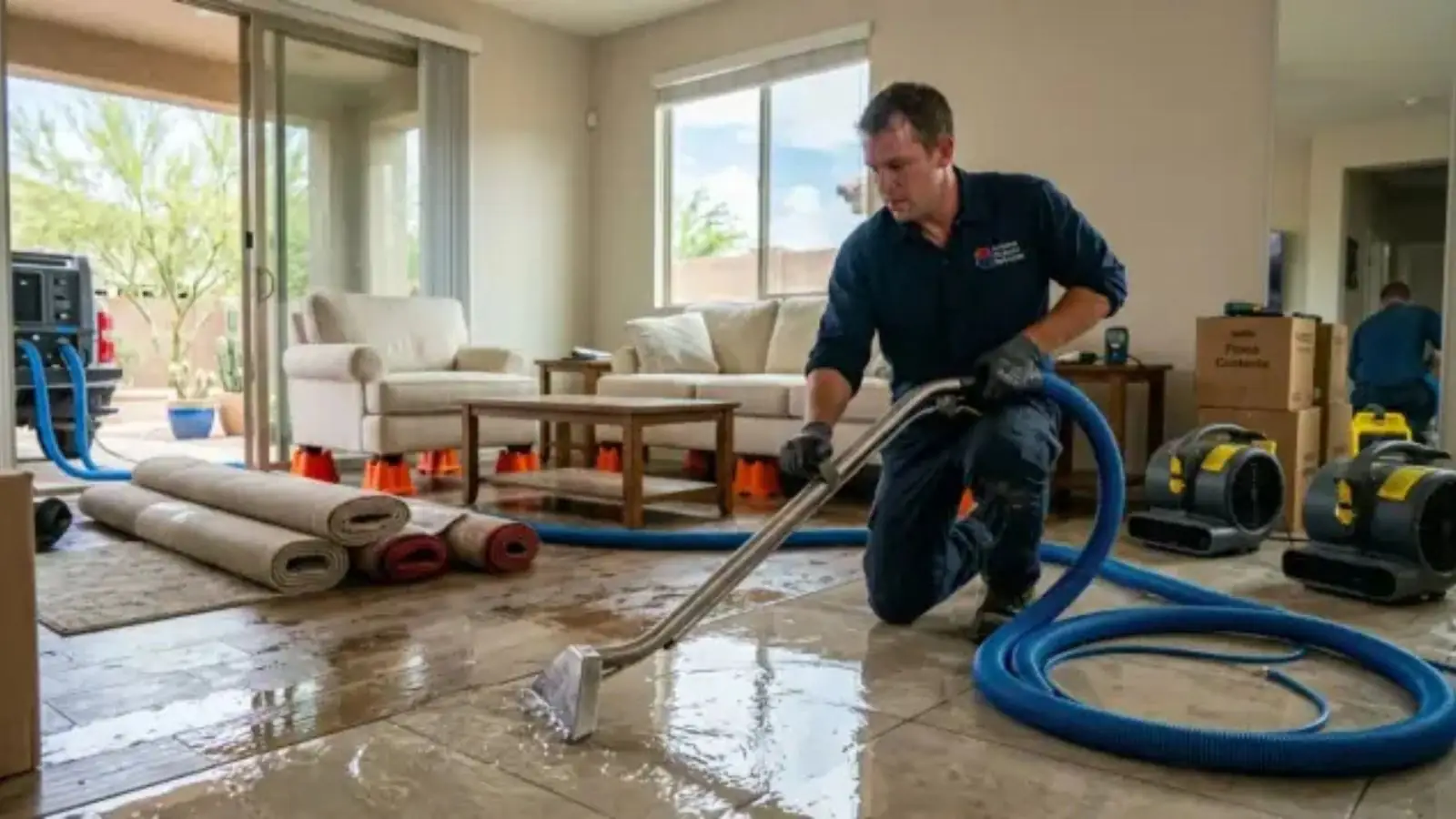 Restoration technician extracting water with a hose beside air movers in a living room